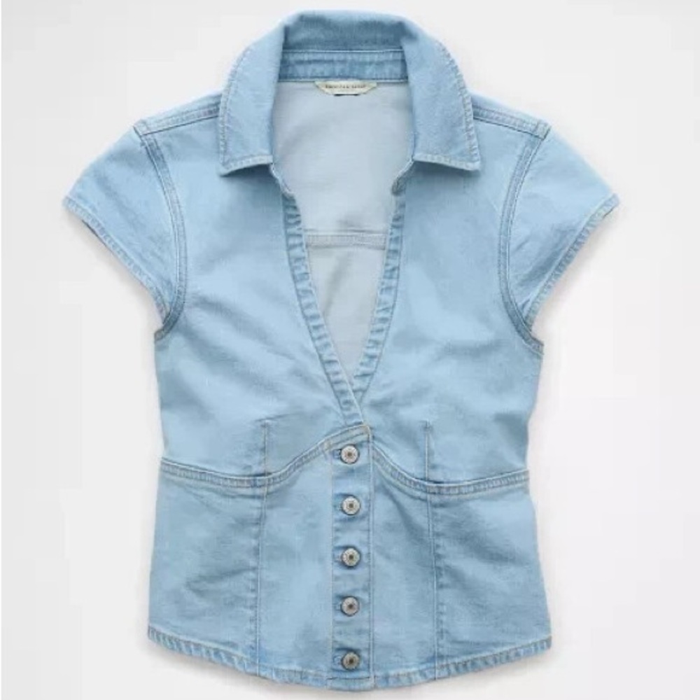 American Eagle Outfitters Pale Blue Short-Sleeve Denim Button-Up Top